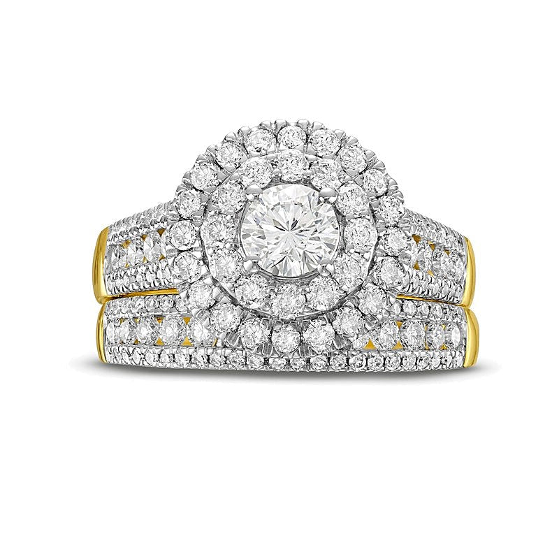 2.0 ct. Gesamtgewicht Diamant-Brautset mit doppeltem Rahmen und dreireihigem Design in 10K Gelbgold