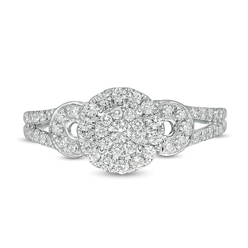 0.5 ct. Gesamtgewicht Diamant Verlobungsring mit Doppel-Halo und geteilter Schiene in 10K Weißgold