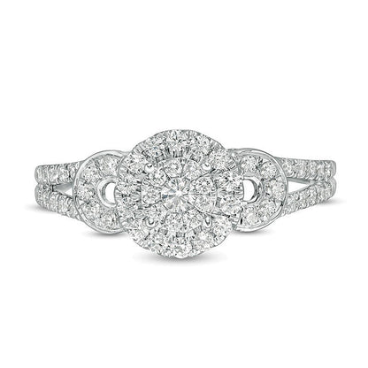 0.5 ct. Gesamtgewicht Diamant Verlobungsring mit Doppel-Halo und geteilter Schiene in 10K Weißgold