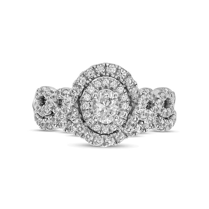 Braut-Set mit ovalen Diamanten und doppeltem Halo mit gedrehter Schiene, 1.0 ct. Gesamtgewicht, in 14K Weißgold