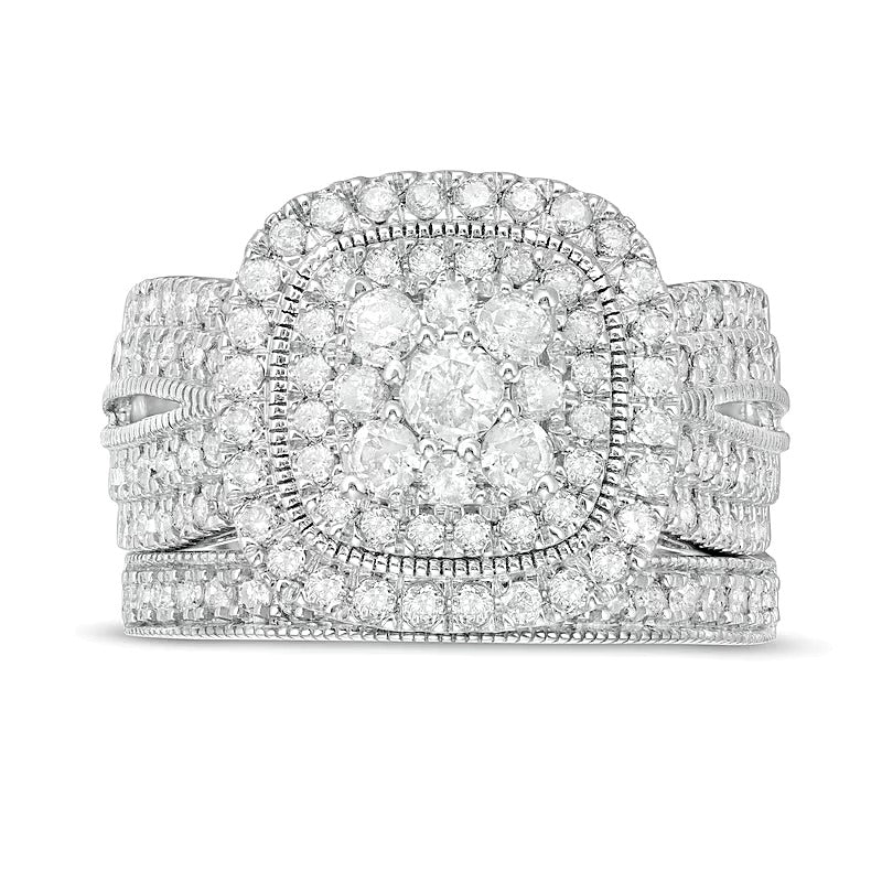 Brautset mit Diamanten im Kissen- und Rundschliff im Vintage-Stil, 1.33 ct. Gesamtgewicht, in 10K Weißgold