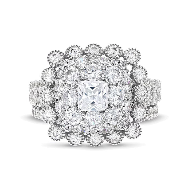 2.75 CT. Gesamtgewicht Diamant-Brautset im Vintage-Stil mit Kissenschliff und Bubble-Rahmen in 10K Weißgold