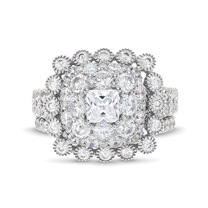 2.75 CT. Gesamtgewicht Diamant-Brautset im Vintage-Stil mit Kissenschliff und Bubble-Rahmen in 10K Weißgold