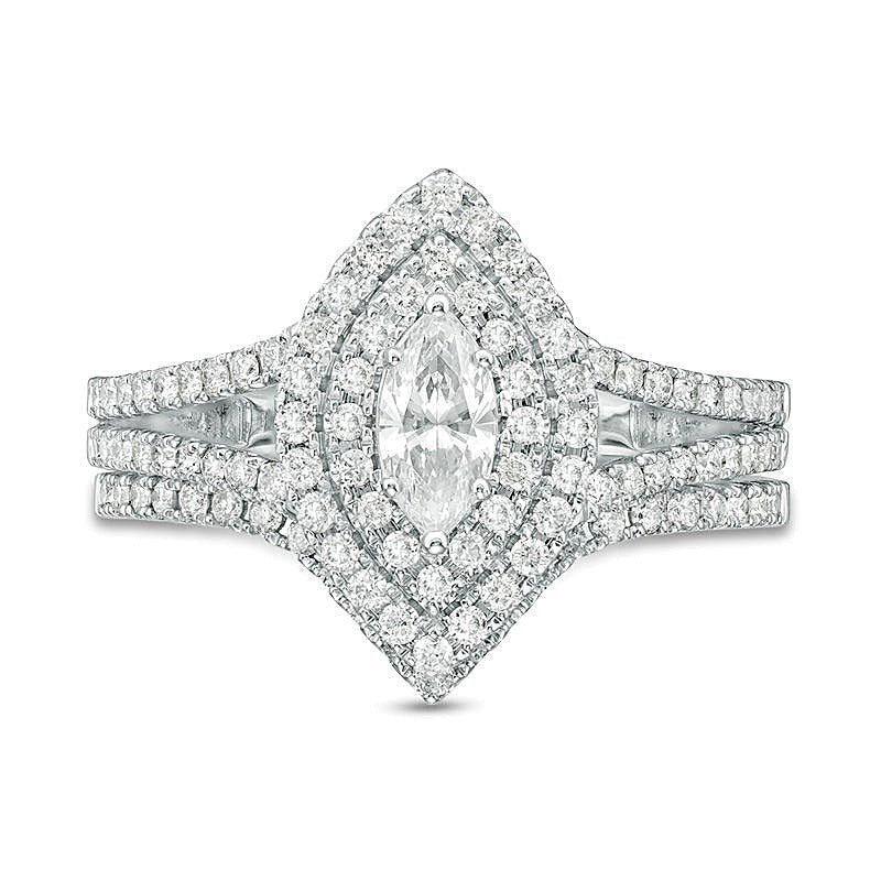 1.0 CT. Gesamtgewicht Brautset mit Diamanten im Marquise- und Rundschliff in 14K Weißgold (I/I1)