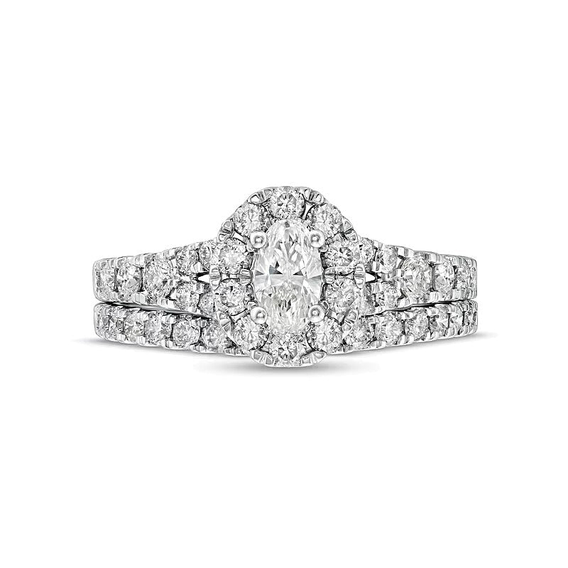 1,5 ct. Gesamtgewicht Brautset mit ovalem Diamant, Halo und geteilter Schiene in 10K Weißgold