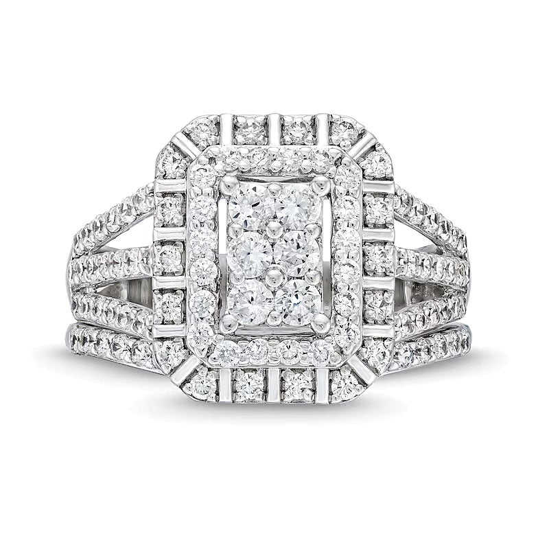 1.0 CT. Gesamtgewicht Braut-Set mit Smaragd und mehreren runden weißen Diamanten, dreireihig, Split-Shank, in 10K Weißgold