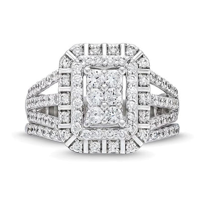 1.0 CT. Gesamtgewicht Braut-Set mit Smaragd und mehreren runden weißen Diamanten, dreireihig, Split-Shank, in 10K Weißgold