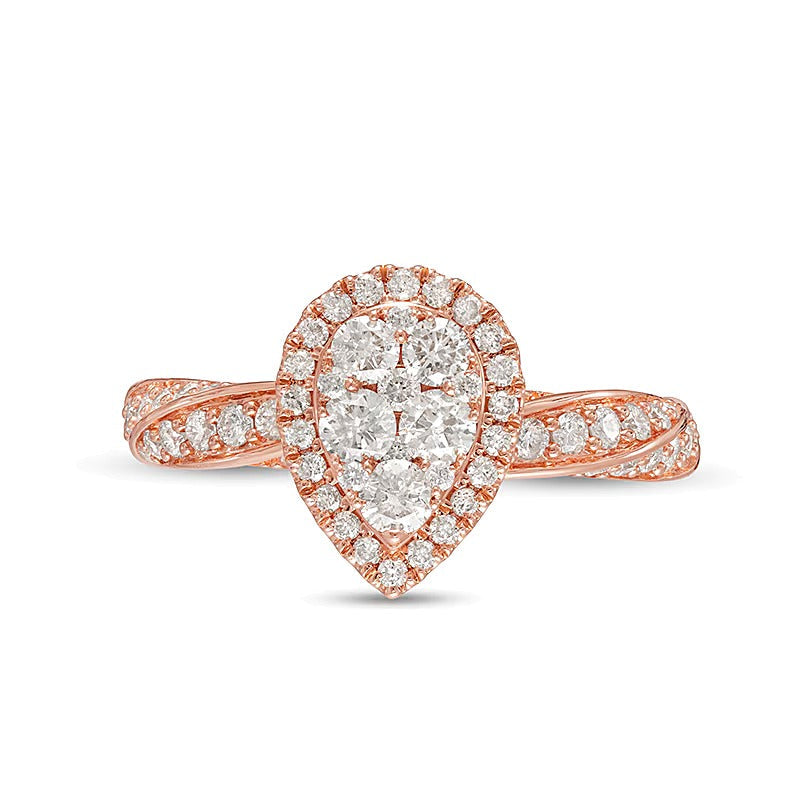 1.0 ct. Gesamtgewicht Komposit-Verlobungsring mit Diamanten im Tropfen- und Rundschliff und gedrehter Ringschiene in 14K Roségold