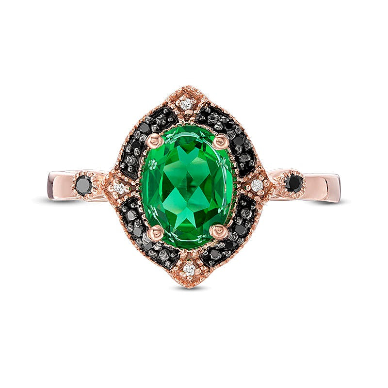 Halo-Ring mit ovalem Labor-Smaragd und 0,07 ct. Gesamtgewicht behandelten schwarzen und weißen Diamanten in 10K Roségold