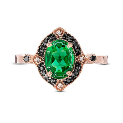 Halo-Ring mit ovalem Labor-Smaragd und 0,07 ct. Gesamtgewicht behandelten schwarzen und weißen Diamanten in 10K Roségold