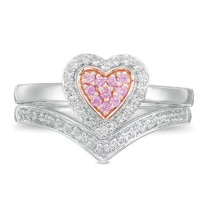 Braut-Set Komposit mit rosa und weißen Saphiren im Rund- und Herzschliff, Labor-kreiert, in Sterlingsilber und 10K Roségold