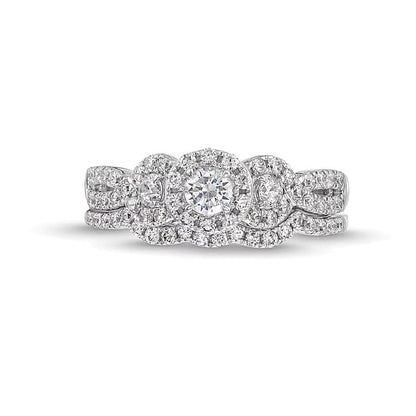 Diamant-Brautset Dreistein Halo 0,88 ct. Gesamtgewicht in 10K Weißgold