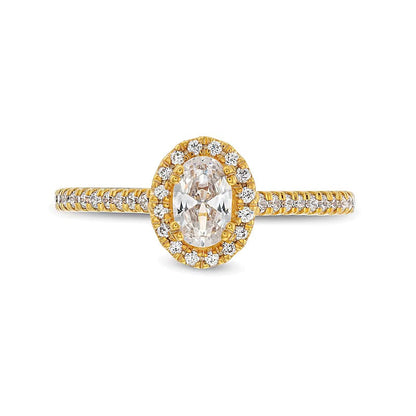 0,75 ct. Gesamtgewicht Halo-Verlobungsring mit ovalem Diamant in 14K Gelbgold