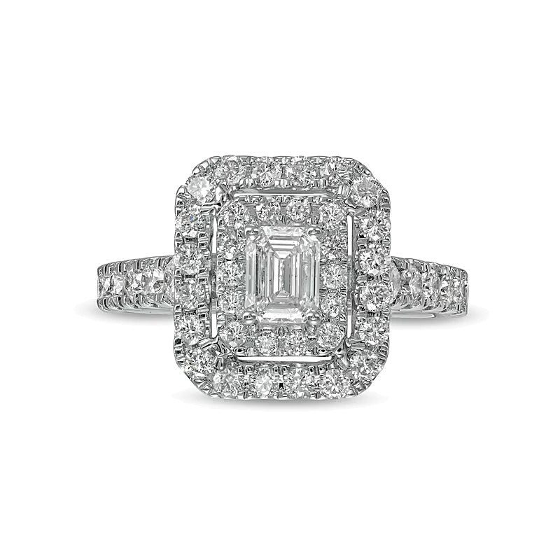 Verlobungsring mit Diamant im Smaragdschliff 1.5 ct. Gesamtgewicht, doppelter Halo, in 14K Weißgold (I/SI2)