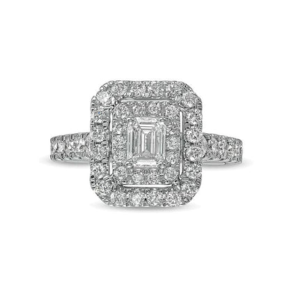Verlobungsring mit Diamant im Smaragdschliff 1.5 ct. Gesamtgewicht, doppelter Halo, in 14K Weißgold (I/SI2)