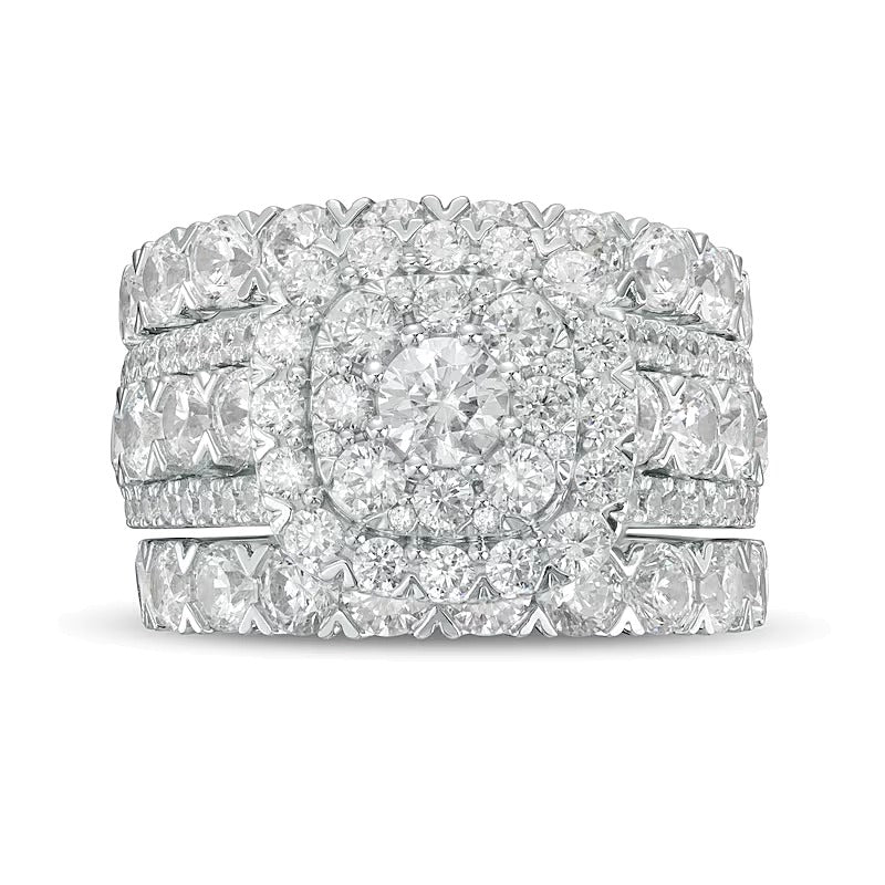 5.0 ct. Gesamtgewicht Diamant-Brautset dreiteilig mehrreihig mit Kissenschliff-Rahmen in 14K Weißgold (I/I2)