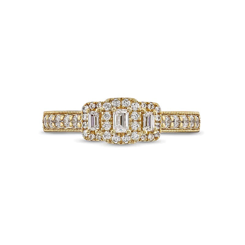 Dreistein-Verlobungsring mit Diamant im Smaragdschliff und Baguette-Diamanten 0.5 CT. Gesamtgewicht in 14K Gelbgold