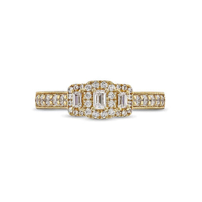 Dreistein-Verlobungsring mit Diamant im Smaragdschliff und Baguette-Diamanten 0.5 CT. Gesamtgewicht in 14K Gelbgold
