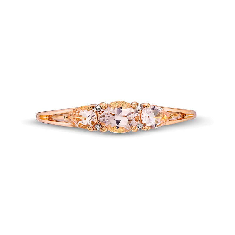 Dreistein-Ring mit Morganit in Oval und Tropfen sowie Diamant-Besatz in 10K Roségold