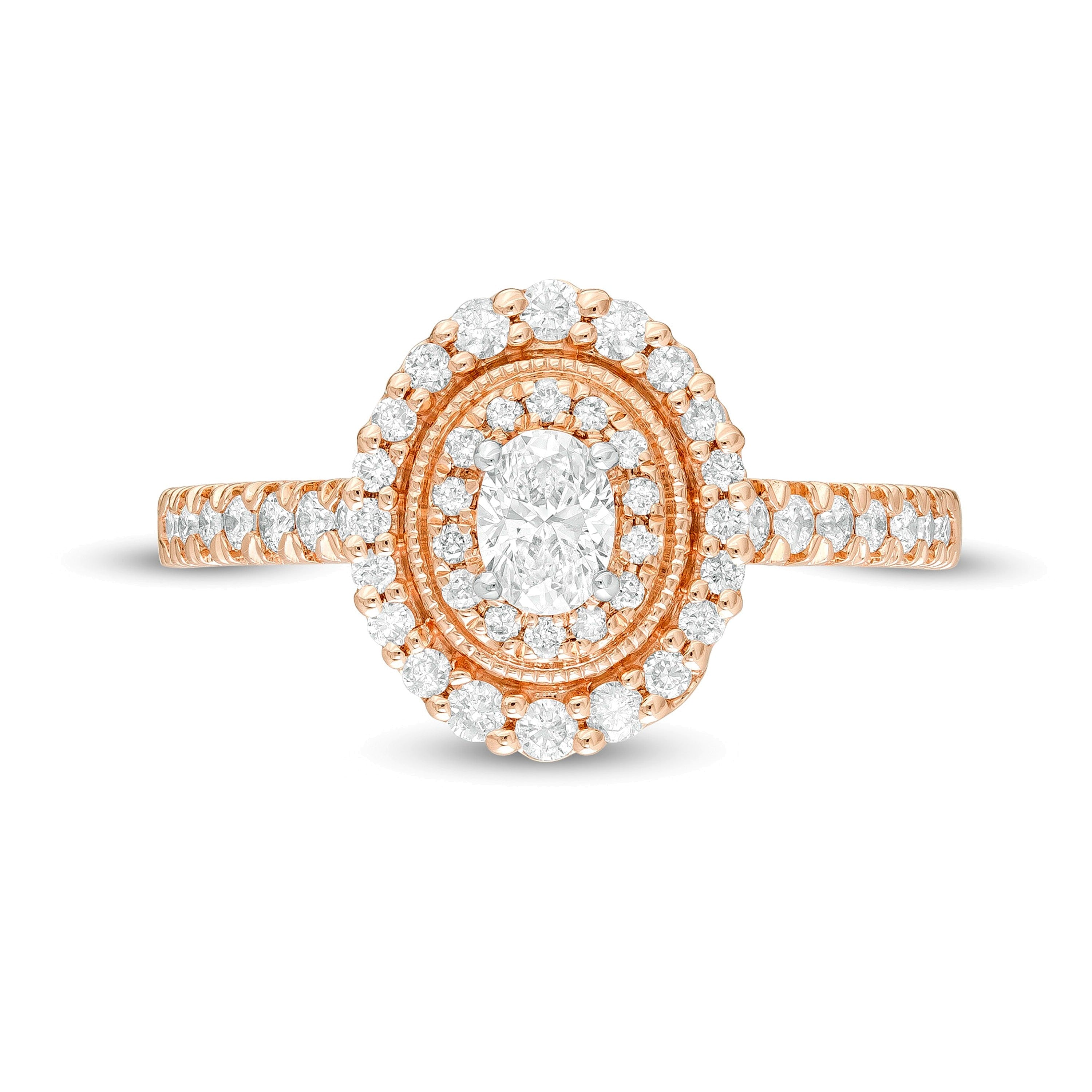 0.63 ct. Gesamtgewicht Halo-Verlobungsring im Vintage-Stil mit ovalem Diamant in 10K Roségold