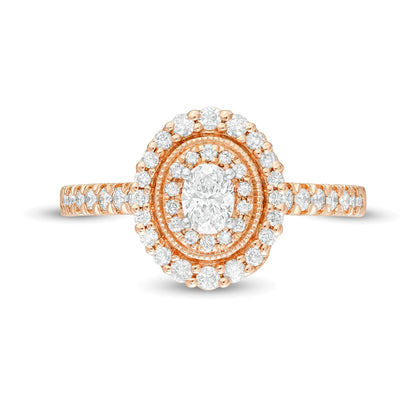 0.63 ct. Gesamtgewicht Halo-Verlobungsring im Vintage-Stil mit ovalem Diamant in 10K Roségold