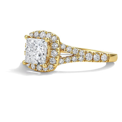 1.5 CT. Gesamtgewicht Verlobungsring mit Labordiamant im Princess-Schliff und Halo in 14K Gelbgold (F/VS2)
