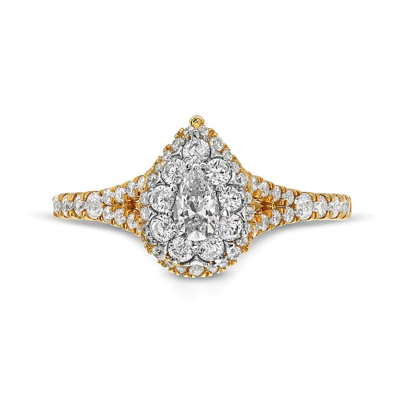 Multi-Stone Verlobungsring 0,75 ct. Gesamtgewicht mit Diamanten in Tropfen- und Rundschliff, Split-Shank, 10K Gelbgold