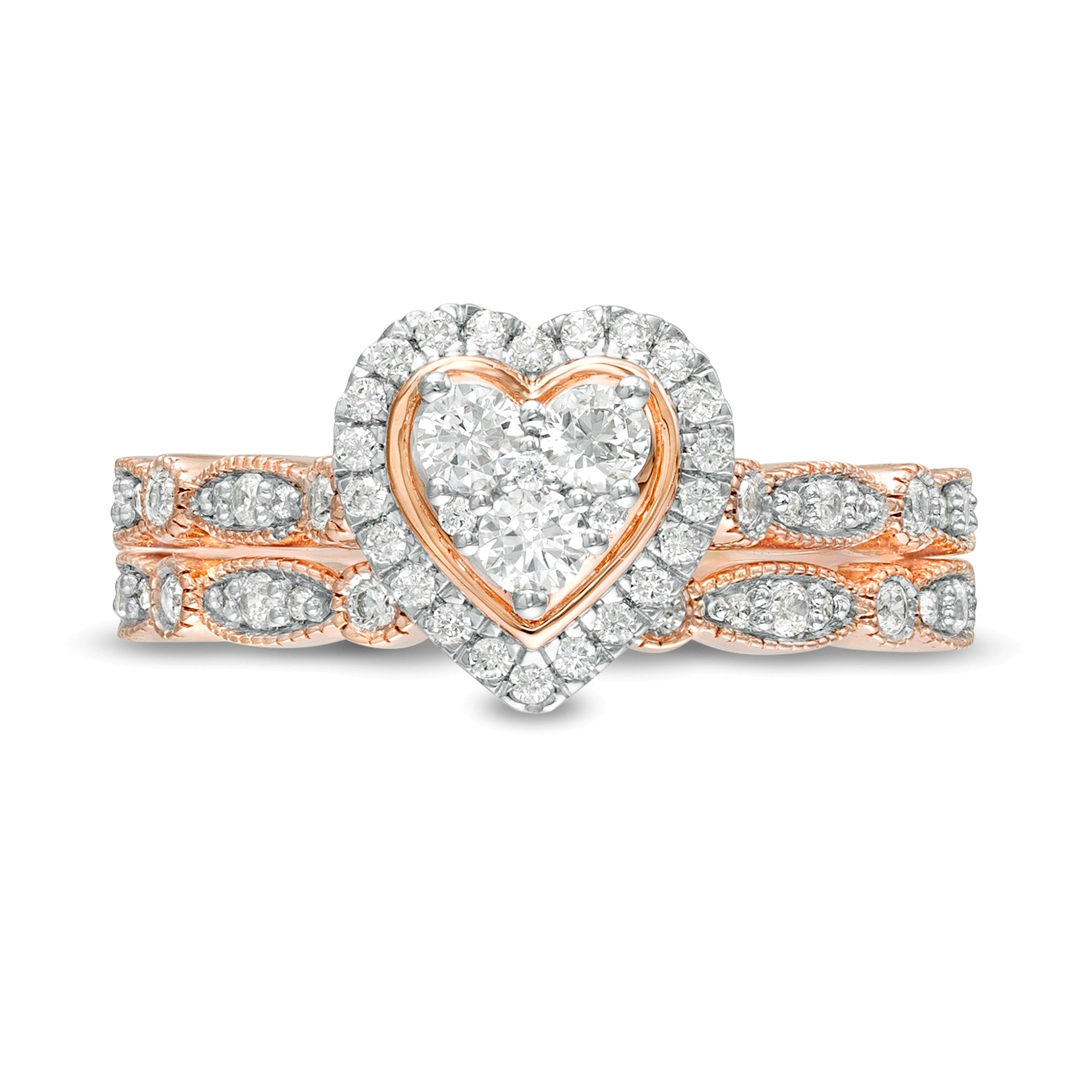0.5 CT. Gesamtgewicht Diamant-Brautset mit Herz-Rahmen und wechselnden Marquise-Diamanten im Vintage-Stil in 10K Roségold
