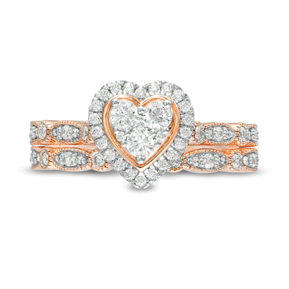 0.5 CT. Gesamtgewicht Diamant-Brautset mit Herz-Rahmen und wechselnden Marquise-Diamanten im Vintage-Stil in 10K Roségold