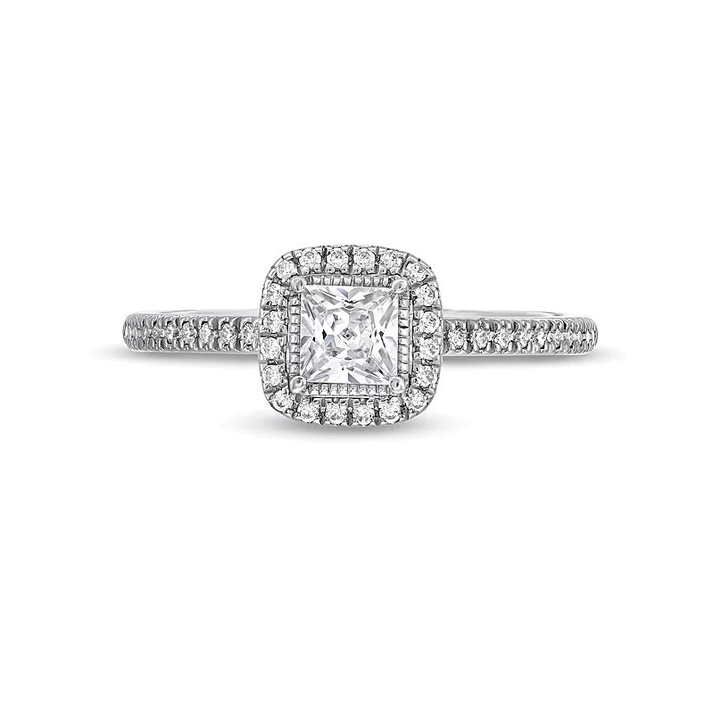 Verlobungsring Halo mit Diamanten im Princess- und Rundschliff in 14K Weißgold, 0,5 ct. Gesamtgewicht
