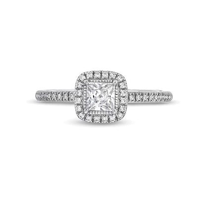 Verlobungsring Halo mit Diamanten im Princess- und Rundschliff in 14K Weißgold, 0,5 ct. Gesamtgewicht