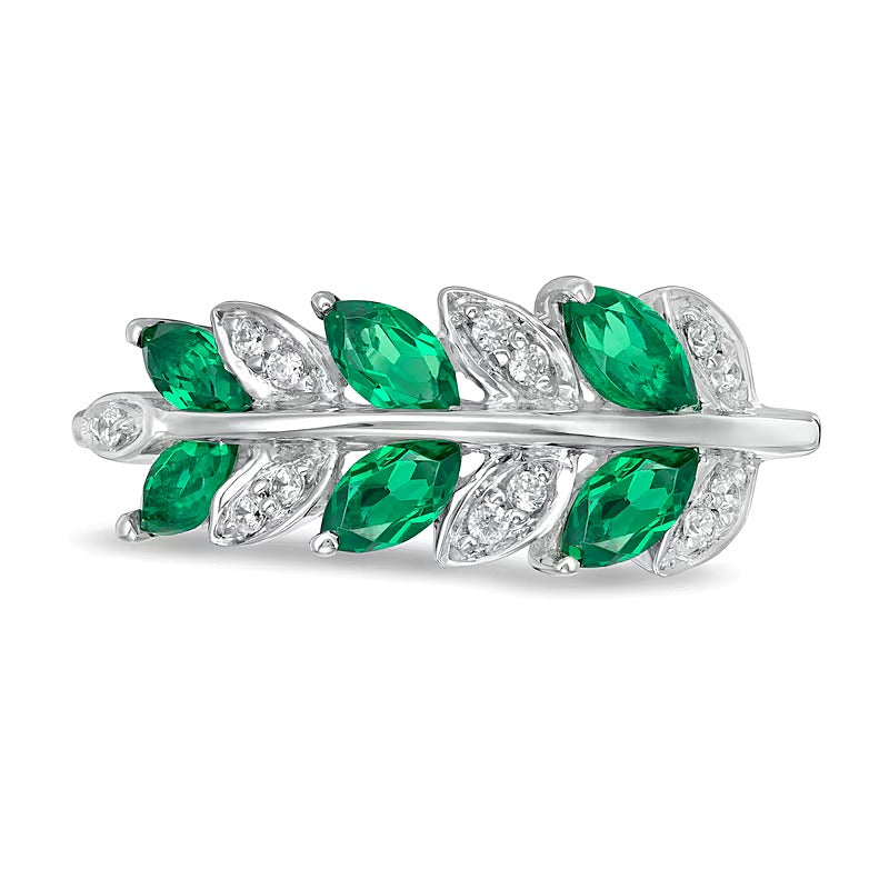 Fashion-Ring Blätter mit Marquise-Labor-Smaragd und 0,07 ct. Gesamtgewicht Diamanten in rhodiniertem Sterlingsilber