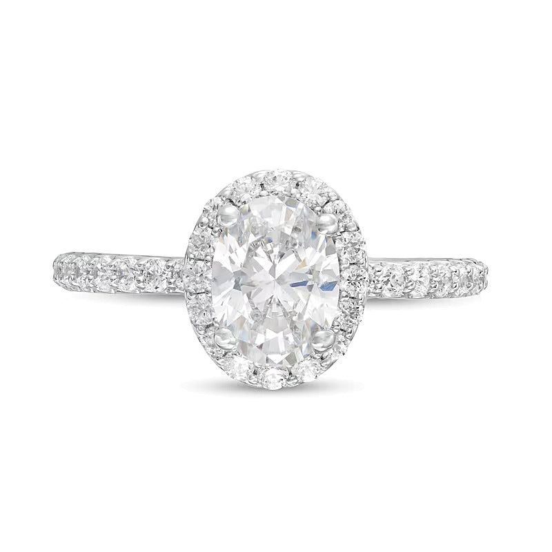 1.5 CT. Gesamtgewicht Verlobungsring mit ovalem Labordiamant und Halo in 14K Weißgold (F/VS2)