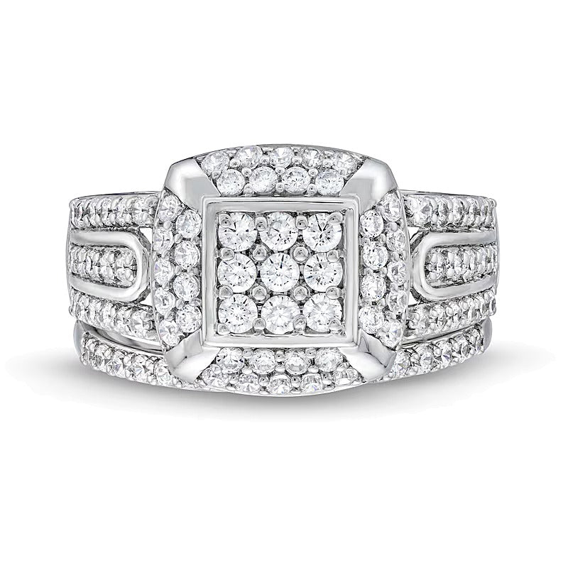 1.0 ct. Gesamtgewicht Diamant-Brautset mit Kissenschliff-Halo, Steine in rund und Princess, 10K Weißgold