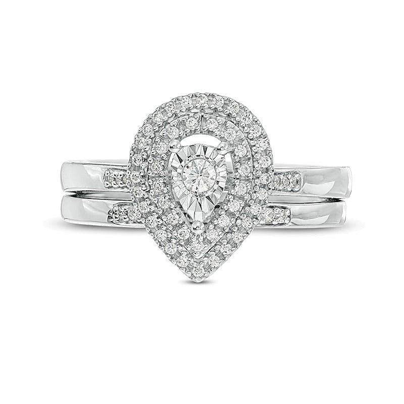 0,25 ct. Gesamtgewicht Diamant Brautset mit doppeltem tropfenförmigem Rahmen in rhodiniertem Sterlingsilber