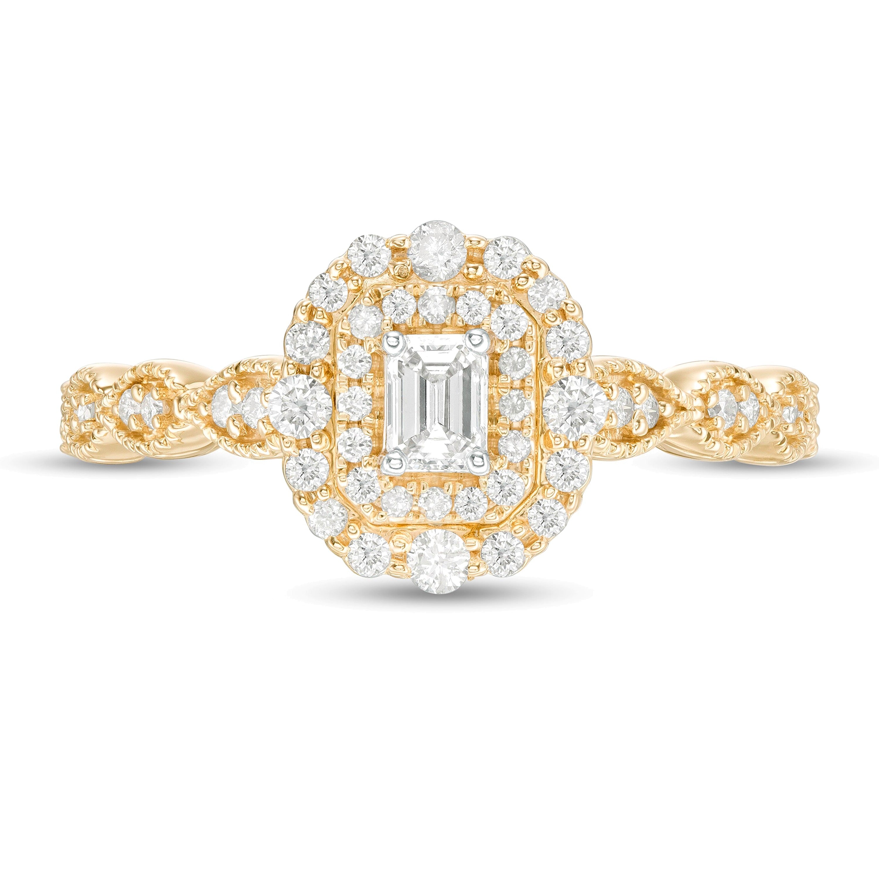 0.38 ct. Gesamtgewicht Verlobungsring im Vintage-Stil mit Diamant im Smaragdschliff und doppeltem Halo in 10K Gelbgold