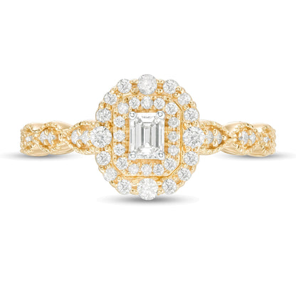 0.38 ct. Gesamtgewicht Verlobungsring im Vintage-Stil mit Diamant im Smaragdschliff und doppeltem Halo in 10K Gelbgold