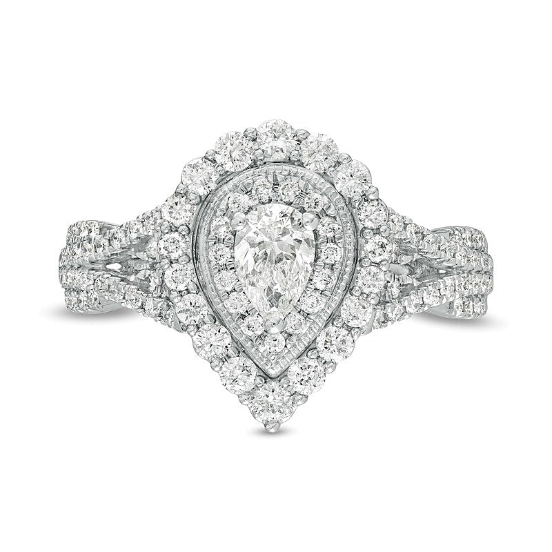 1.0 ct. Gesamtgewicht tropfenförmiger Diamant Halo-Verlobungsring mit doppeltem Rahmen und geteiltem Ringschienen-Design im Vintage-Stil in 14K Weißgold