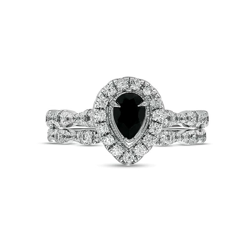 Braut-Set mit tropfenförmigem schwarzem Saphir und 0,75 ct. Gesamtgewicht Diamanten im Vintage-Stil in 10K Weißgold