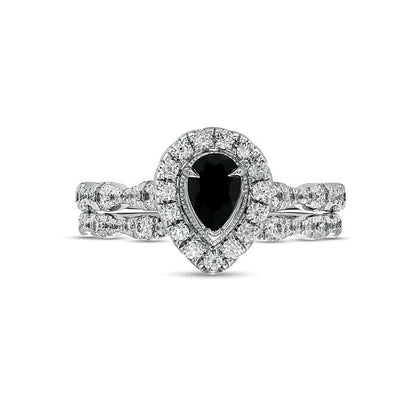 Braut-Set mit tropfenförmigem schwarzem Saphir und 0,75 ct. Gesamtgewicht Diamanten im Vintage-Stil in 10K Weißgold