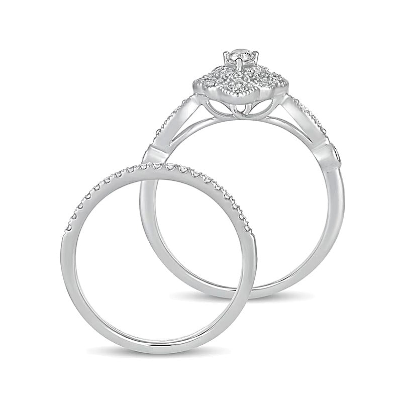 0,63 ct. Gesamtgewicht Diamant-Brautset im Vintage-Stil mit tropfenförmigen und runden Diamanten, doppeltem Blütenrahmen in 10K Weißgold
