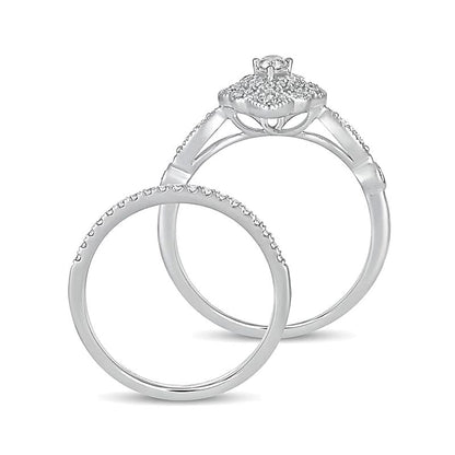 0,63 ct. Gesamtgewicht Diamant-Brautset im Vintage-Stil mit tropfenförmigen und runden Diamanten, doppeltem Blütenrahmen in 10K Weißgold