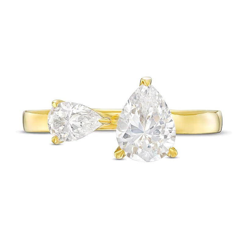 1.5 CT. Gesamtgewicht tropfenförmiger Diamant Toi et Moi Verlobungsring mit offener Schiene in 14K Gelbgold