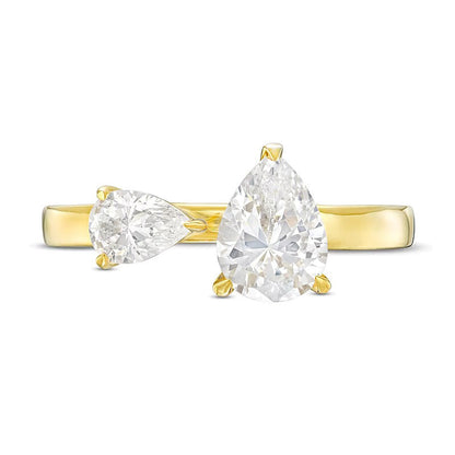 1.5 CT. Gesamtgewicht tropfenförmiger Diamant Toi et Moi Verlobungsring mit offener Schiene in 14K Gelbgold