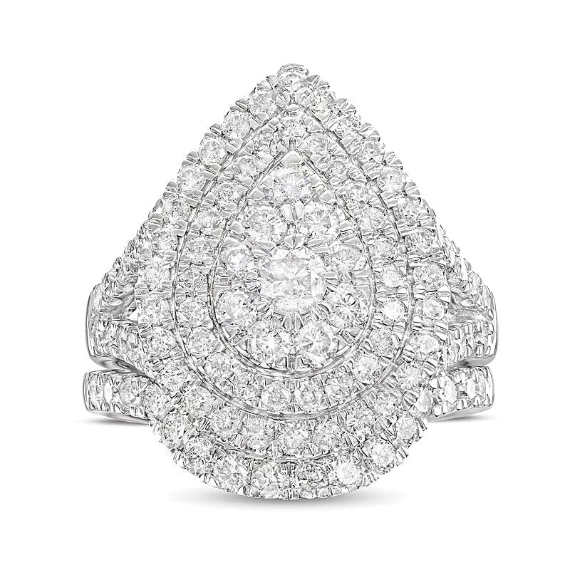 Braut-Set 2.0 ct. Gesamtgewicht mit tropfenförmigen Diamanten, doppeltem Rahmen und geteiltem Ringschienen-Design in 14K Weißgold