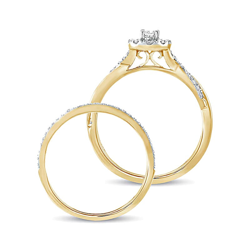 Braut-Set mit ovalem Diamant-Rahmen und gedrehter Schiene, 0,5 ct. Gesamtgewicht, in 10K Gelbgold