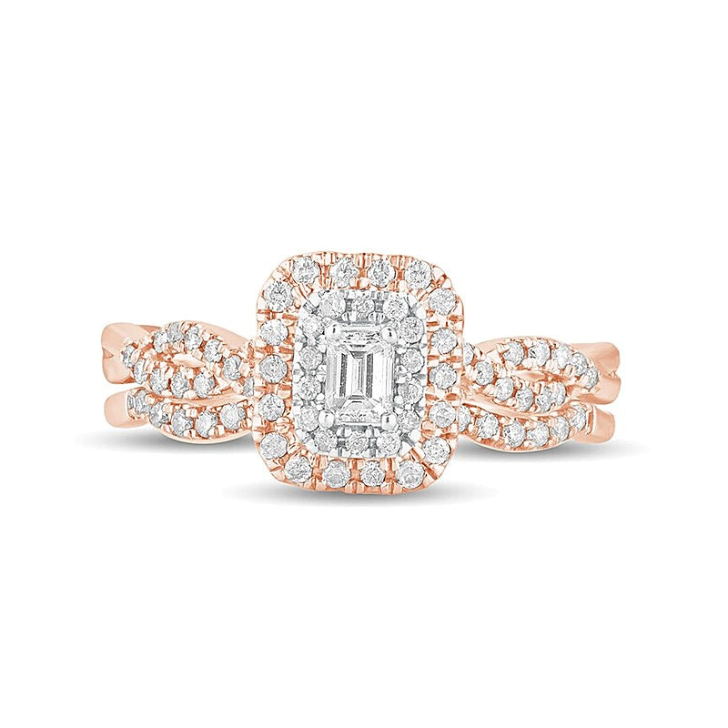 Braut-Set mit weißen Diamanten im Smaragdschliff 0.5 ct. Gesamtgewicht mit doppeltem Rahmen und mehrreihig in 10K Roségold