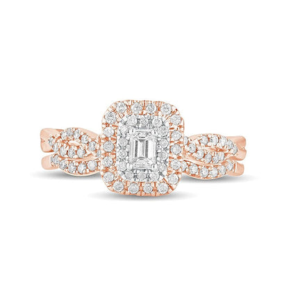 Braut-Set mit weißen Diamanten im Smaragdschliff 0.5 ct. Gesamtgewicht mit doppeltem Rahmen und mehrreihig in 10K Roségold
