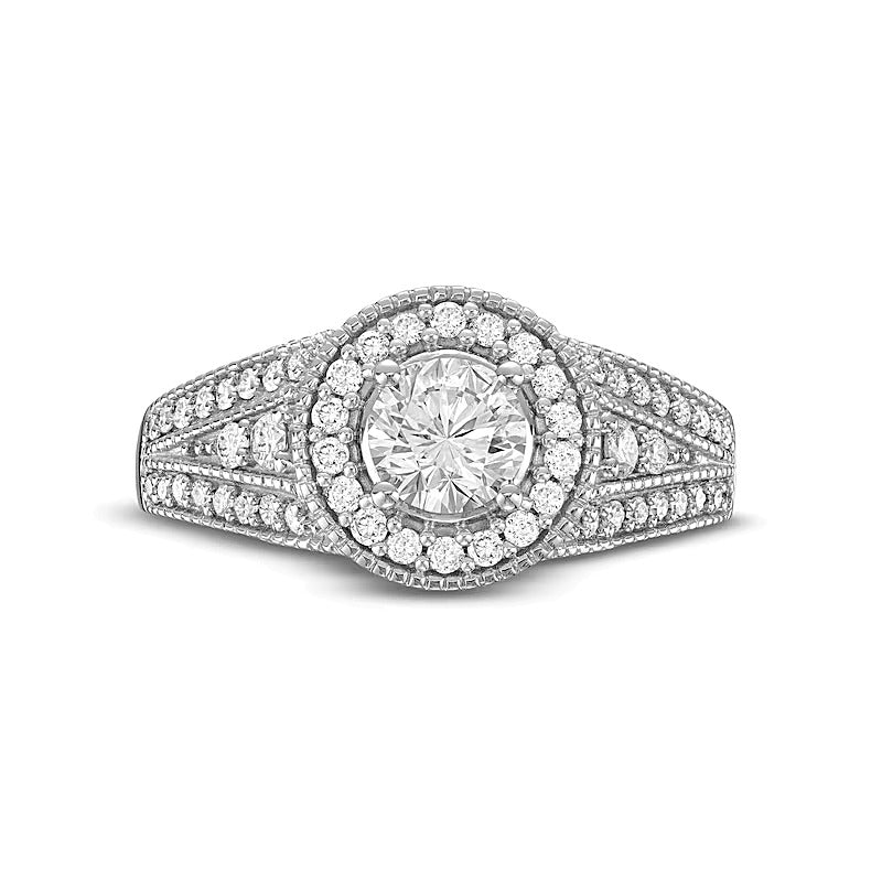 1.0 CT. TW Diamant-Verlobungsring Halo mit seitlichem Besatz und geteilter Schiene in 14K Weißgold (I/I2)