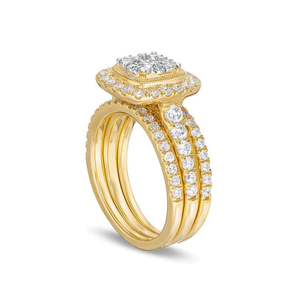 Brautset mit weißen Diamanten im Kissenschliff und Rundschliff, 1.5 ct. Gesamtgewicht, in 10K Gelbgold